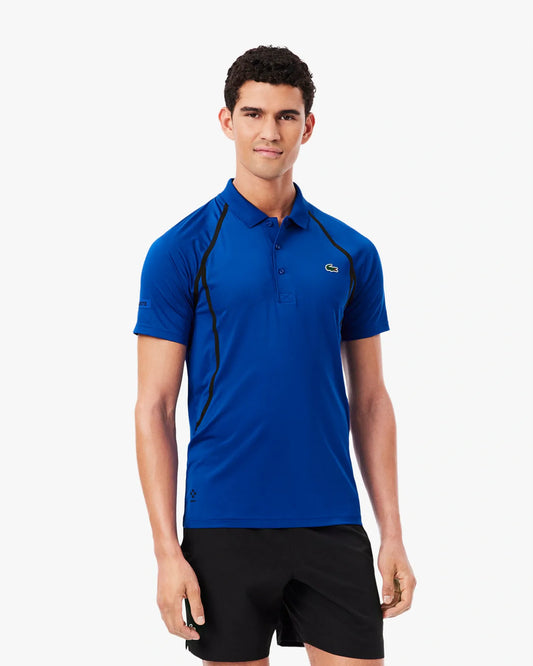 Polo Lacoste Ultra-Dry de tênis com corte slim, em parceria com Daniil Medvedev - Camisa polo azul-cobalto