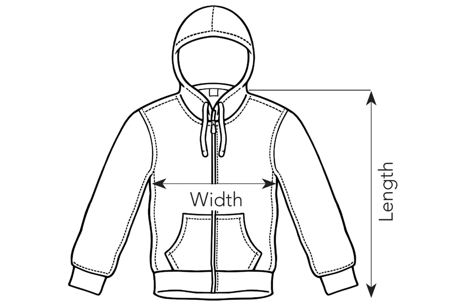 Diagram of a hoodie with measurements labeled on a white background
