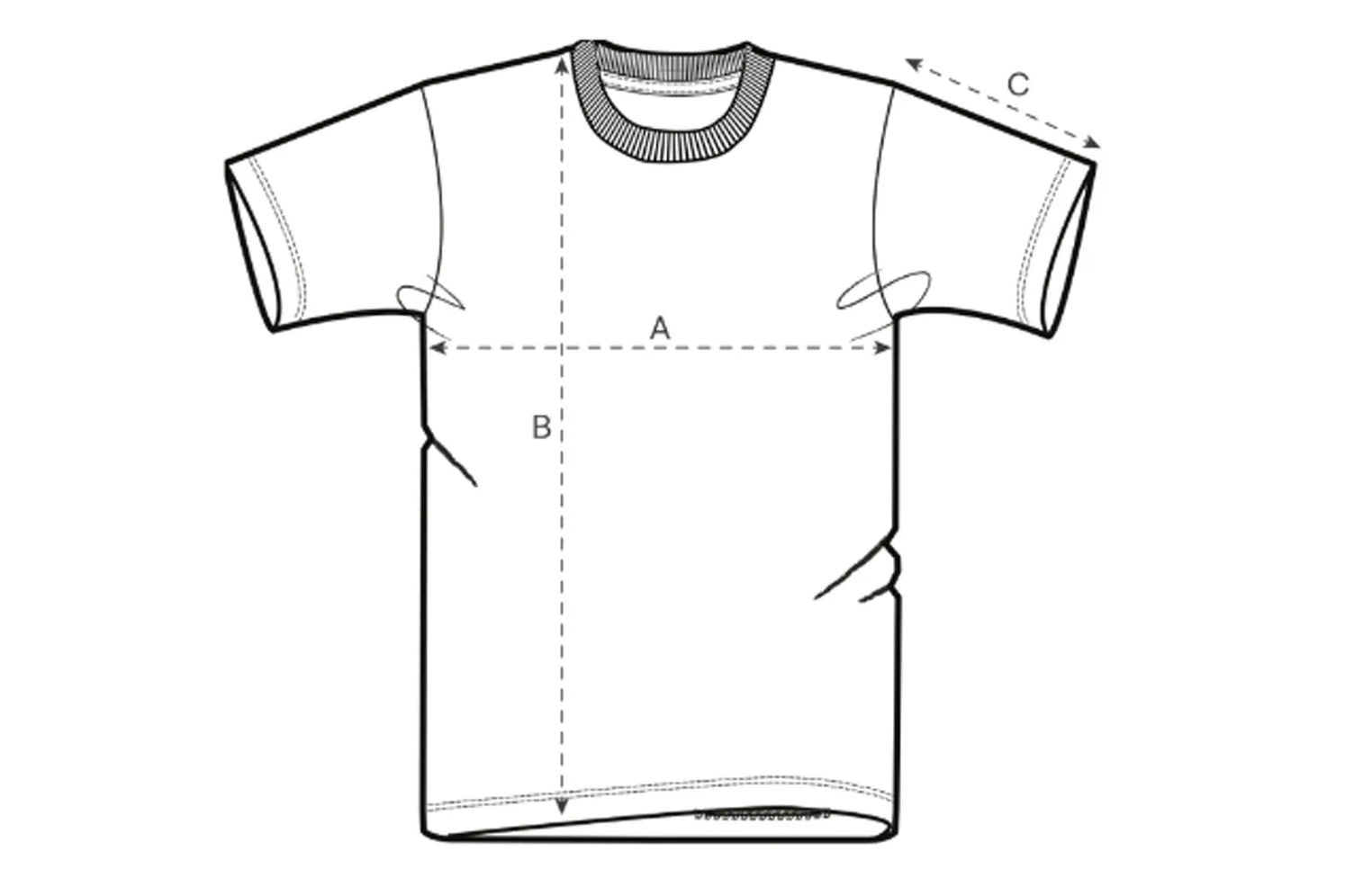 Technical drawing of a t-shirt with labeled measurements on a white background